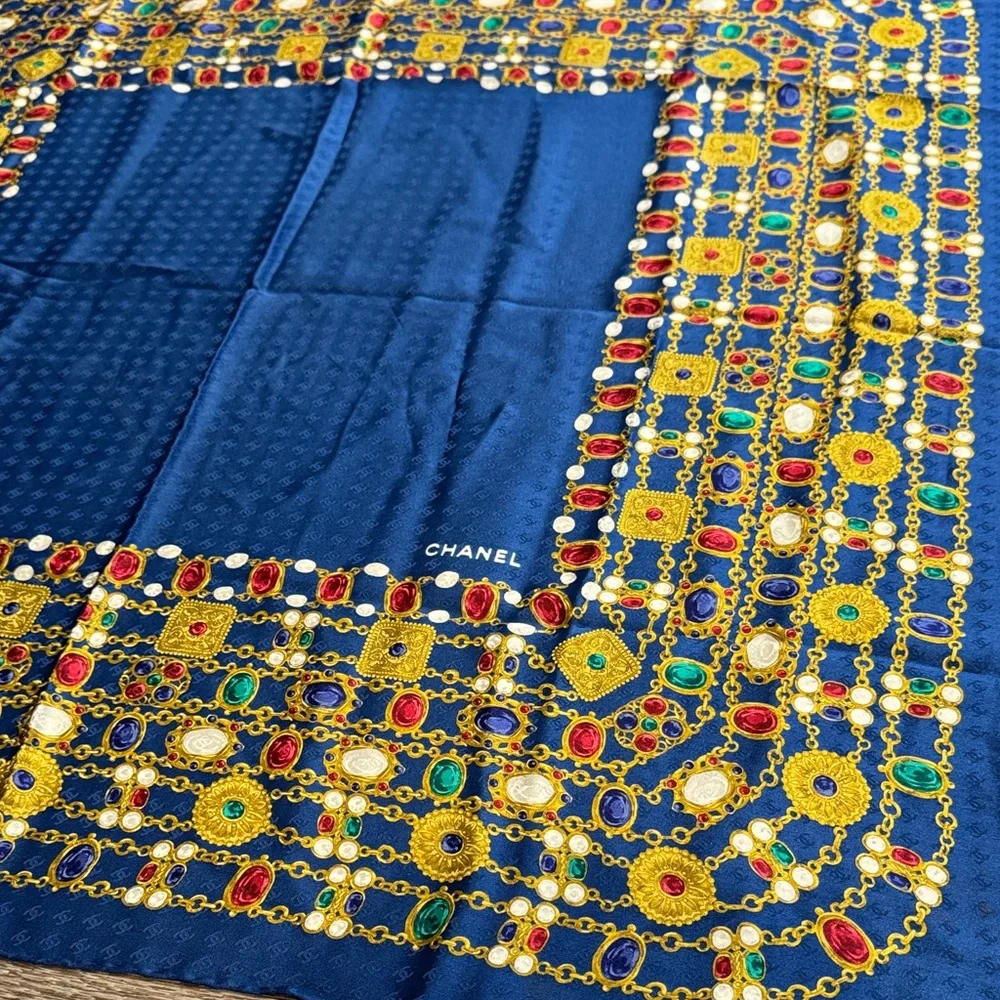 Authentic CHANEL Blue Scarf with Gold and Red Accents